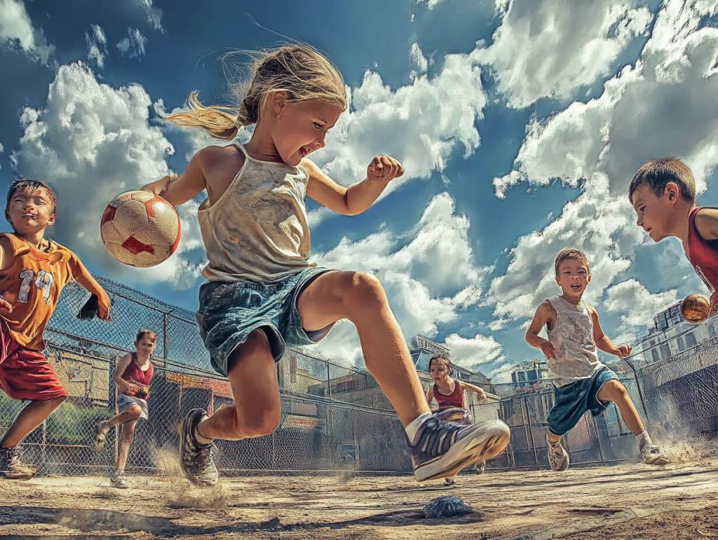 Niños y niñas con una pelota jugando en la calle