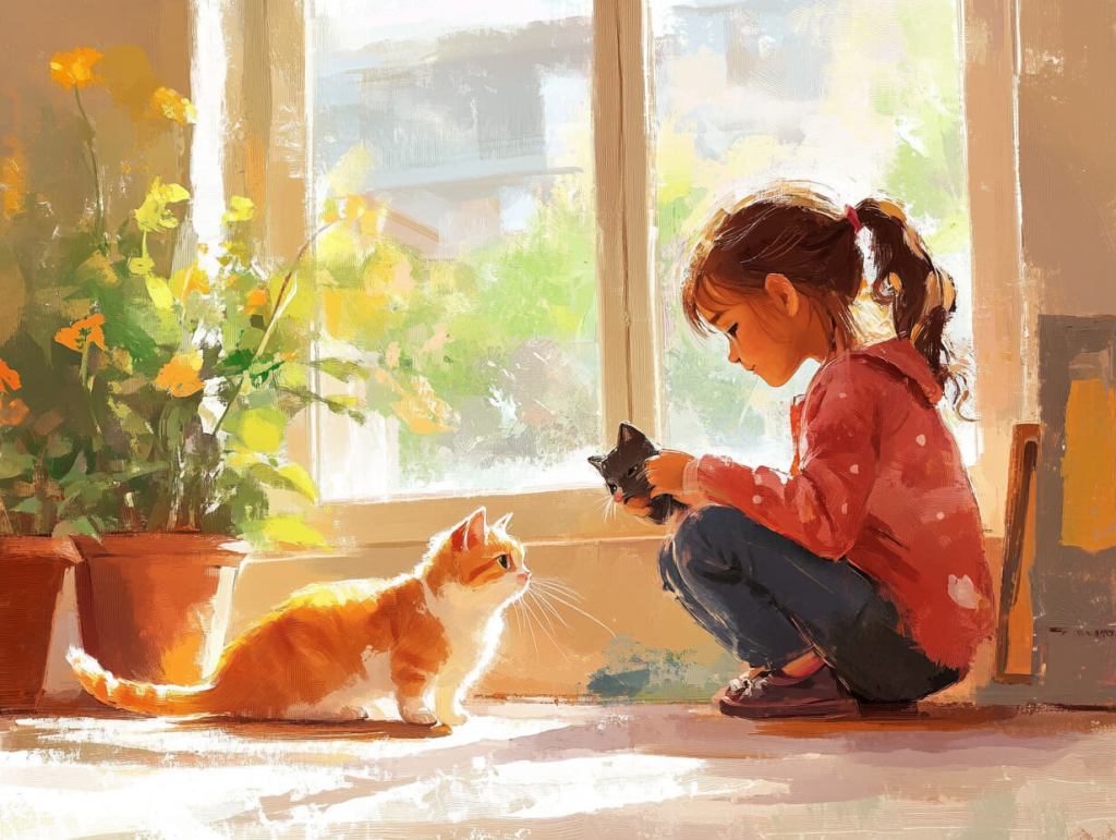 Una niña con un gato en casa