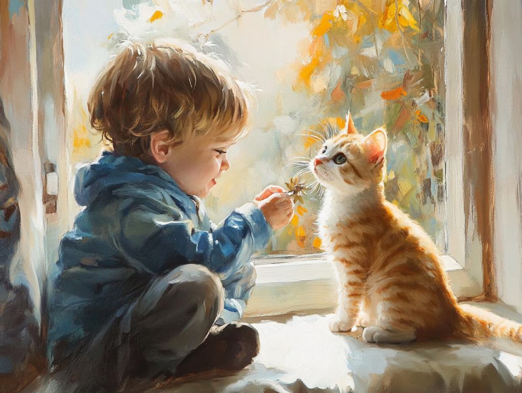 Un niño juega con su gato