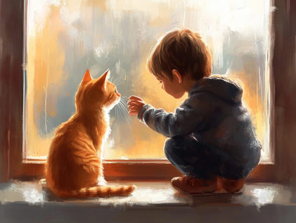Junto a la vetana, un niño y un gato