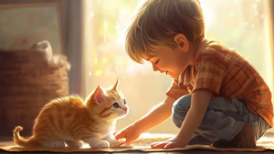 Un niño juega con su gato (RG)