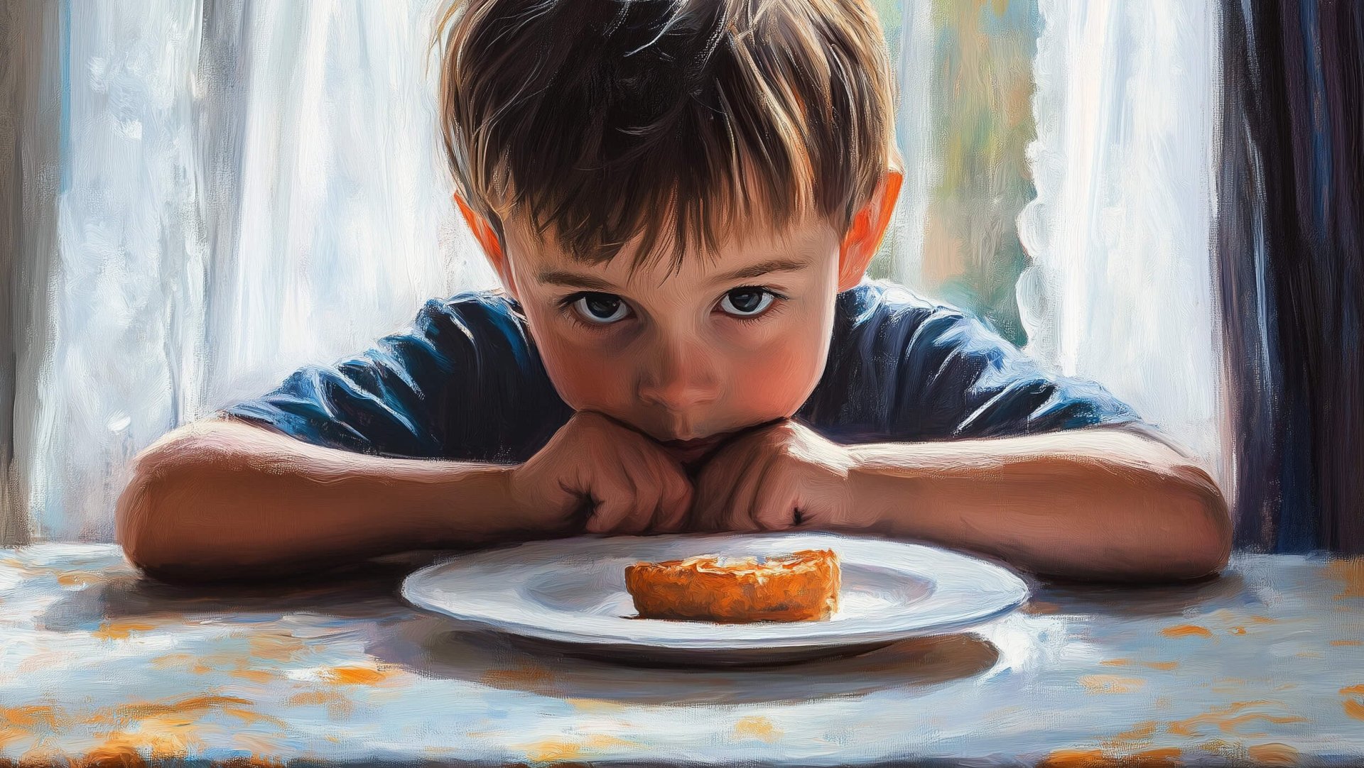 Un niño dudando si quitar el último plato de la mesa