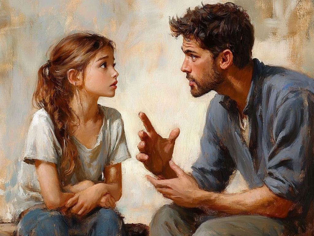 Un padre, enfadado, habla con su hija