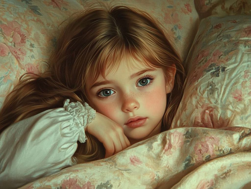 Una niña, despierta en su cama