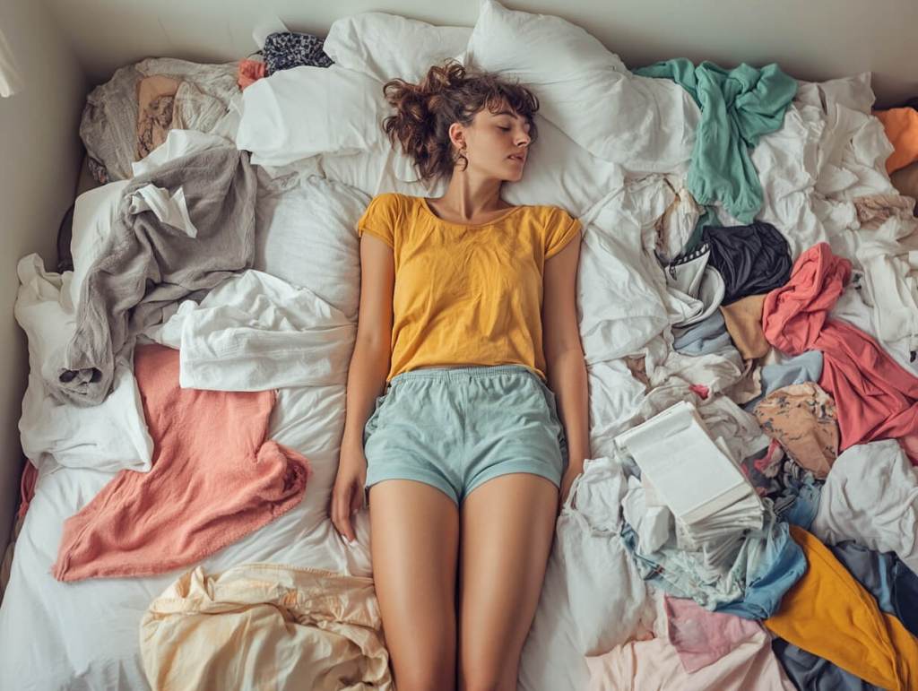 Una mujer tumbada sobre una cama muy desordenada