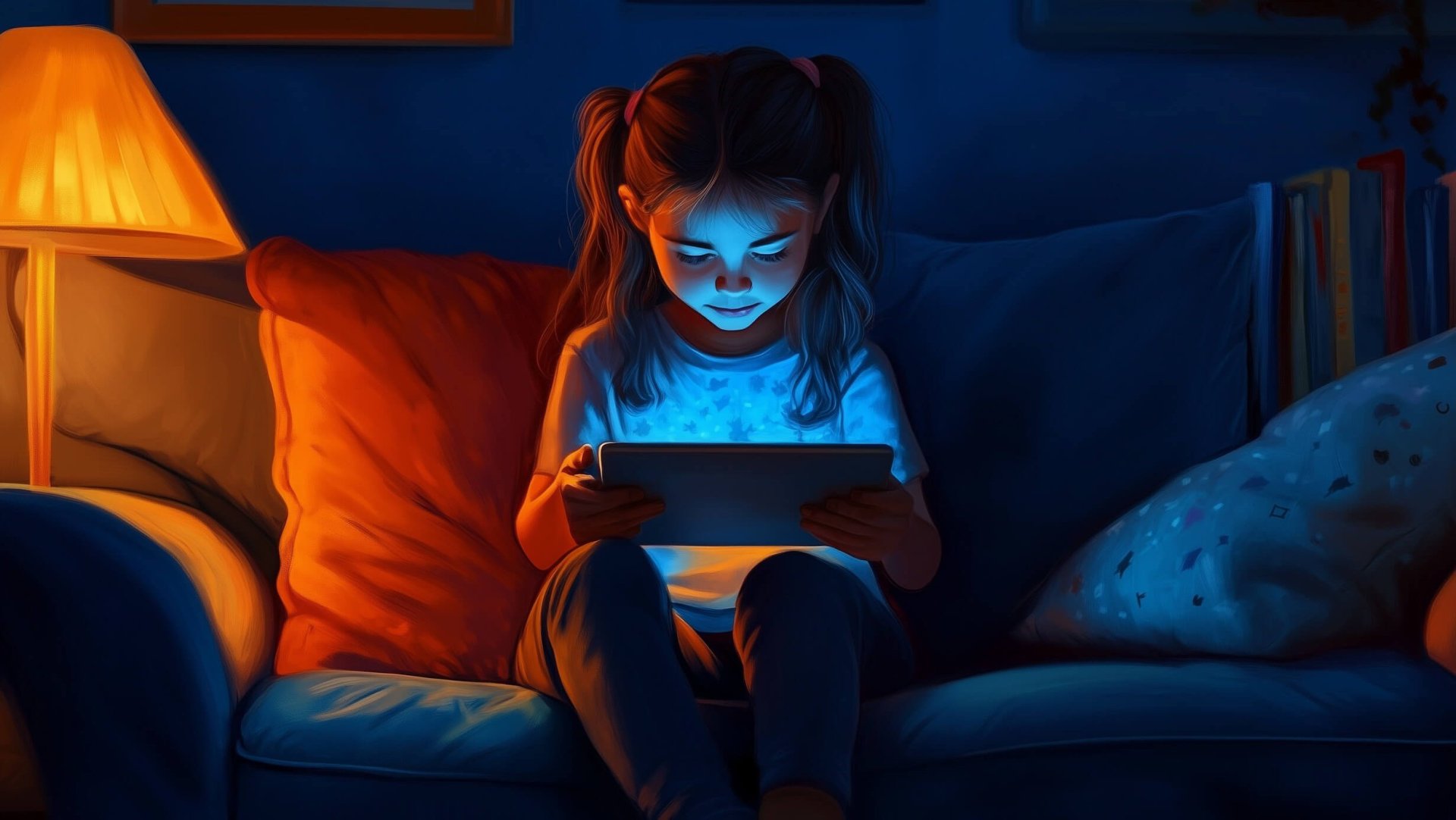 Una niña mira la tablet de noche en el salón de casa