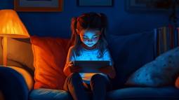 Una niña mira la tablet de noche en el salón de casa