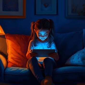 Una niña mira la tablet de noche en el salón de casa