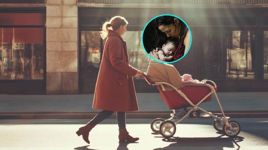 Una mujer paseando a su bebé