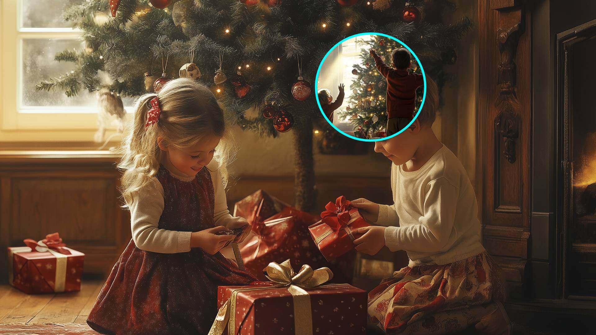 Niños abriendo regalos de Navidad