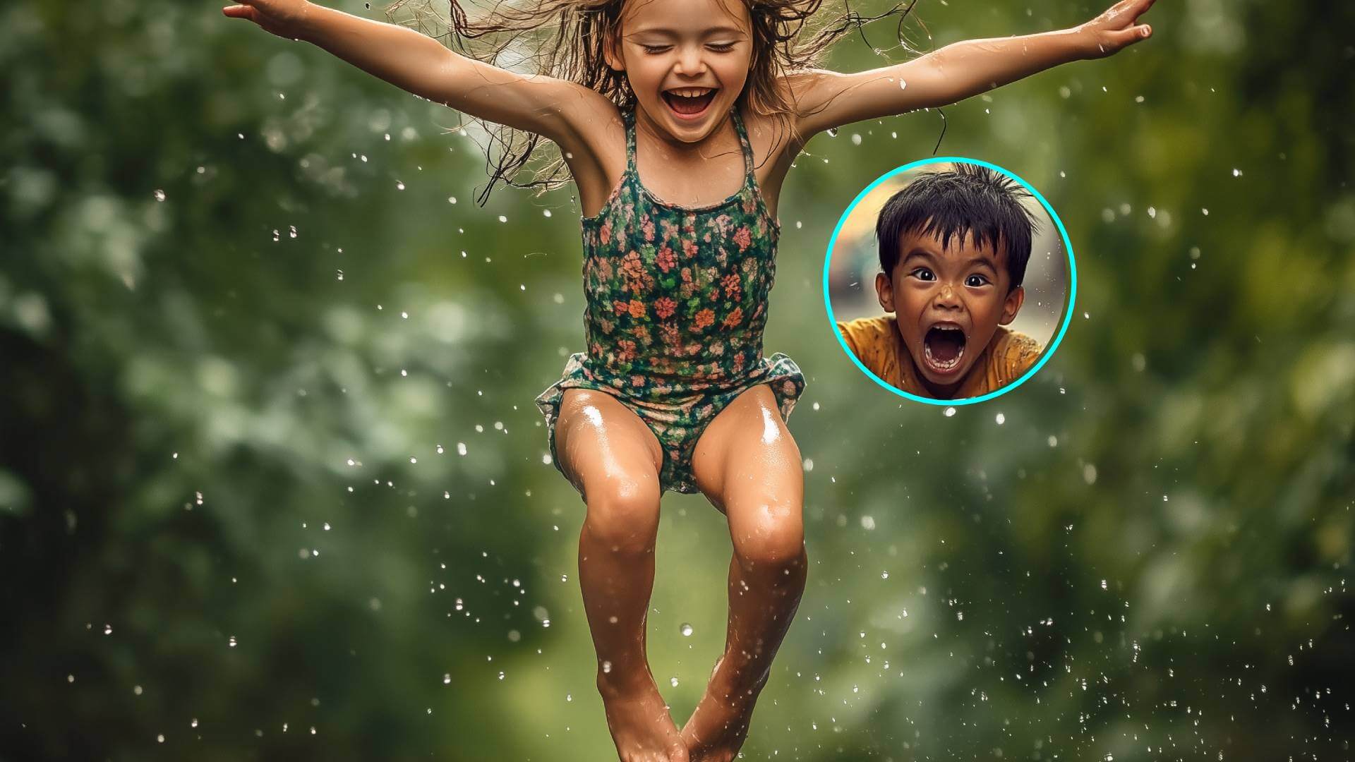 Una niña saltando mientras juega en bañador