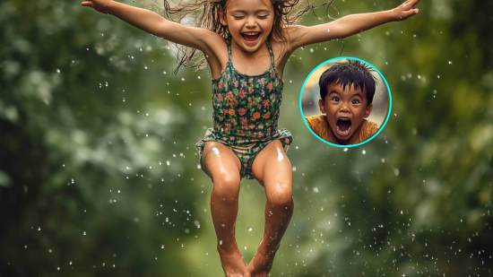 Una niña saltando mientras juega en bañador