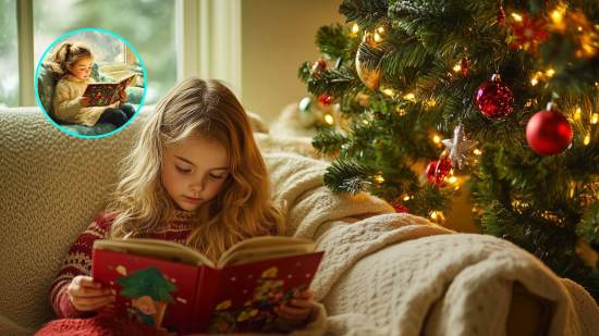 Una niña leyendo un cuento en Navidad