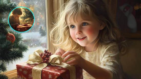 Una niña abriendo un regalo de Navidad