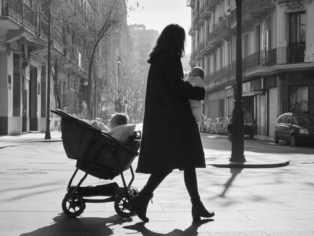 Una madre, en la calle, con sus dos hijos