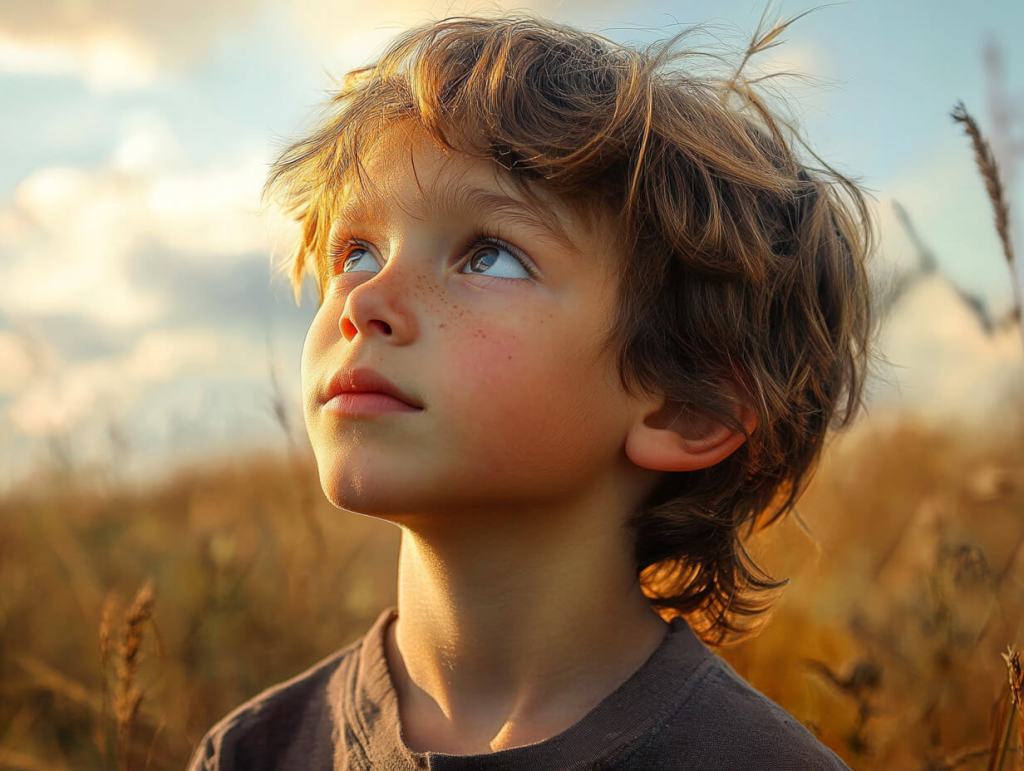 Primer plano de un niño mirando al cielo