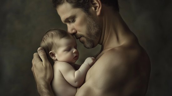 Un padre coge y mira a su bebé