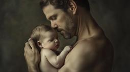 Un padre coge y mira a su bebé