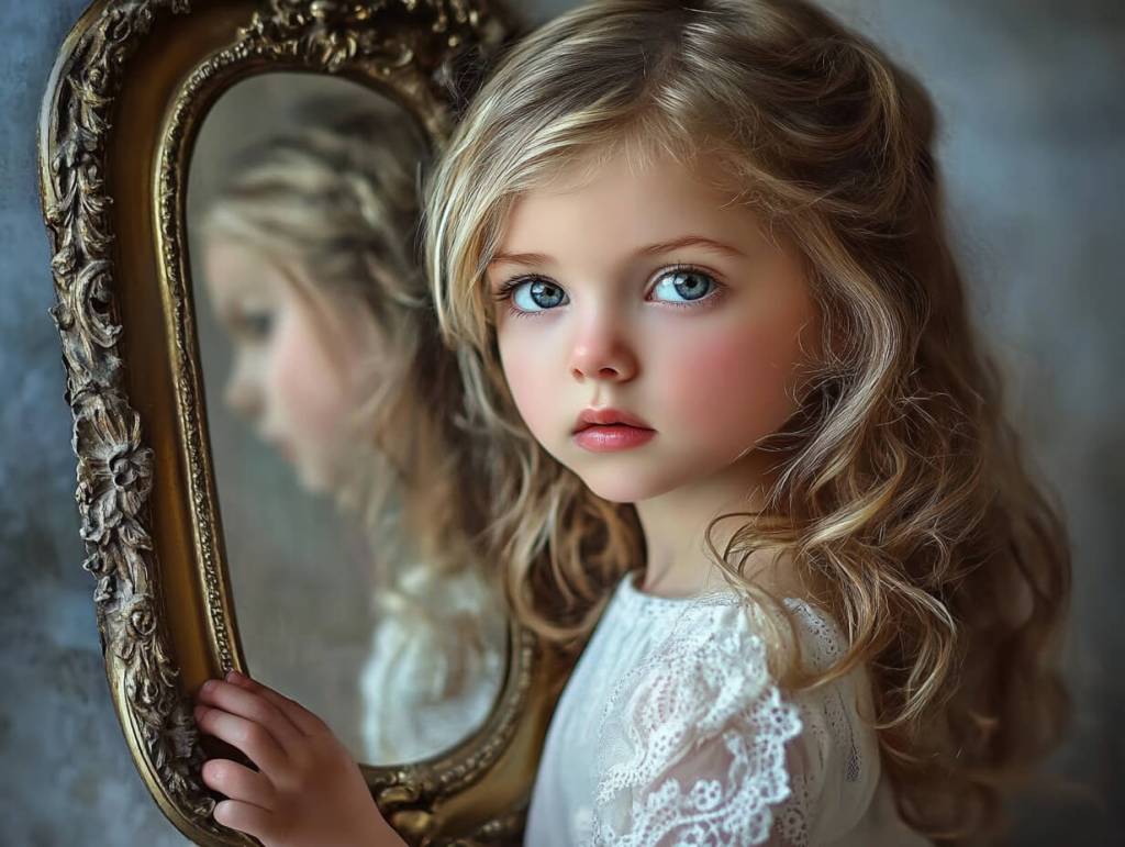 Una niña rubia delante del espejo