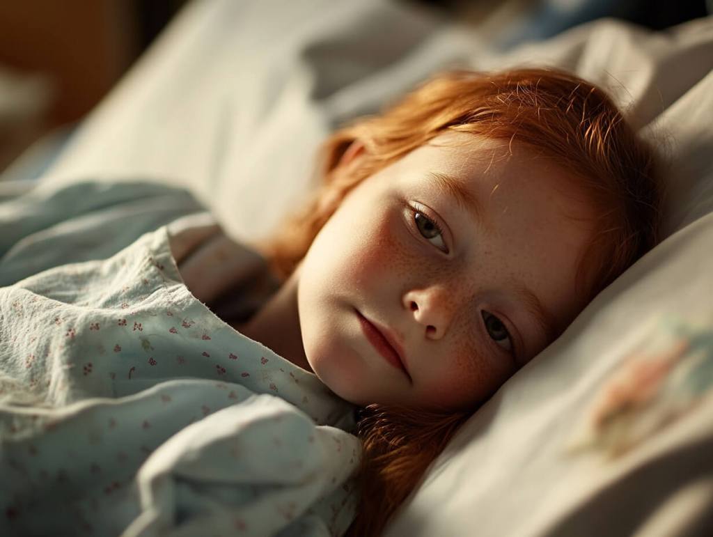 Una niña enferma, en la cama del hospital