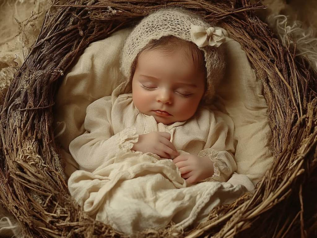 Una niña pequeña con gorro dentro de una cesta de mimbre