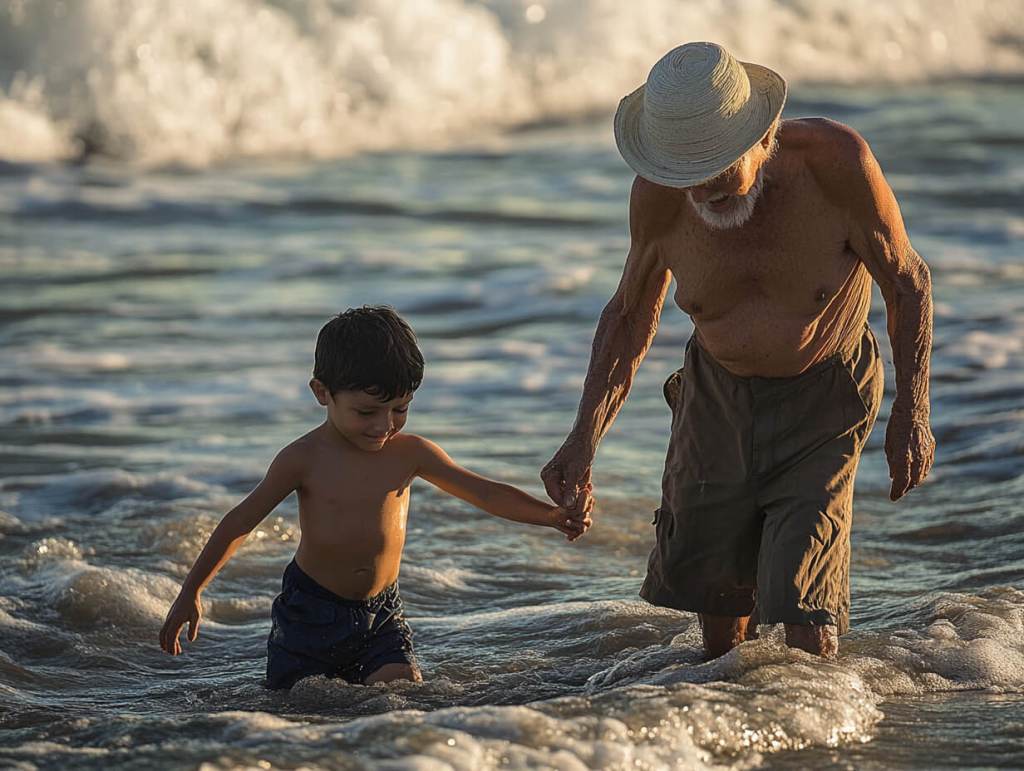 Abuelo y nieto, en el mar