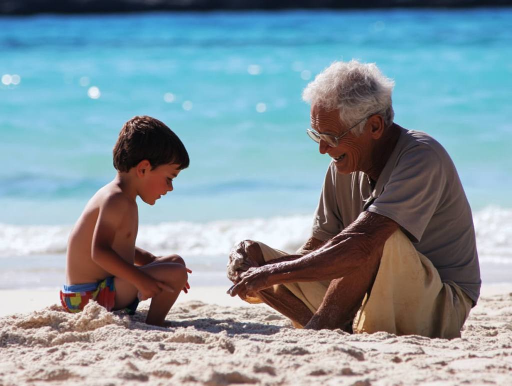 Abuelo y nieto juegan en la playa