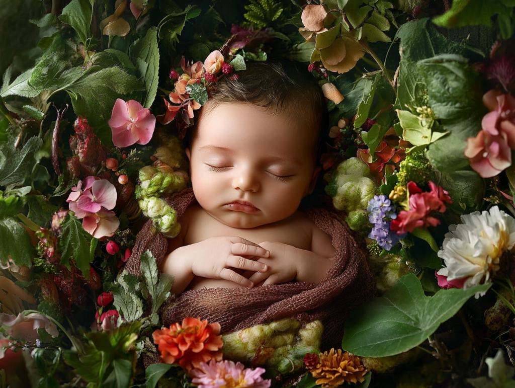 Un bebé entre flores y plantas