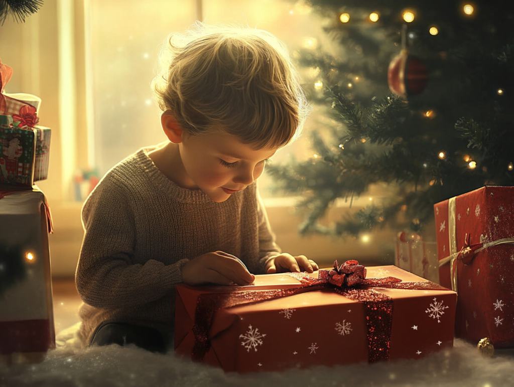 Un niño, emocionado, abre su regalo de Navidad