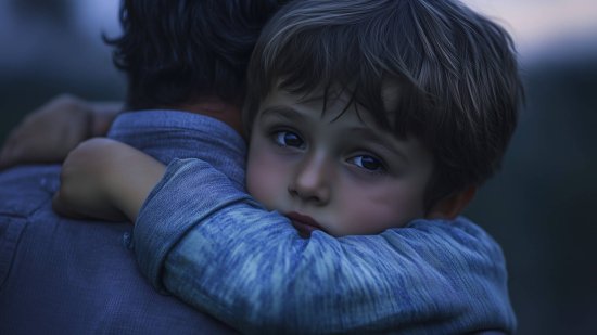 Un niño busca cobijo en su padre