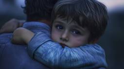 Un niño busca cobijo en su padre