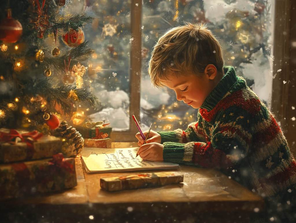 Un niño escribe una carta de Navidad
