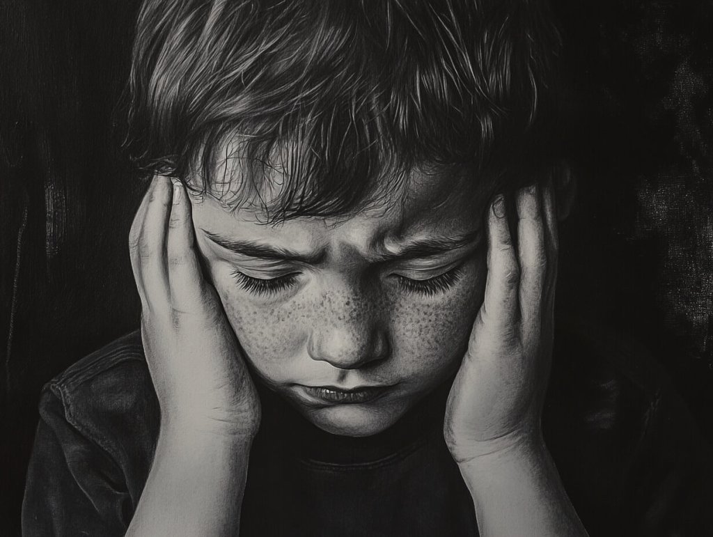 Un niño se tapa los oídos, decepcionado y triste