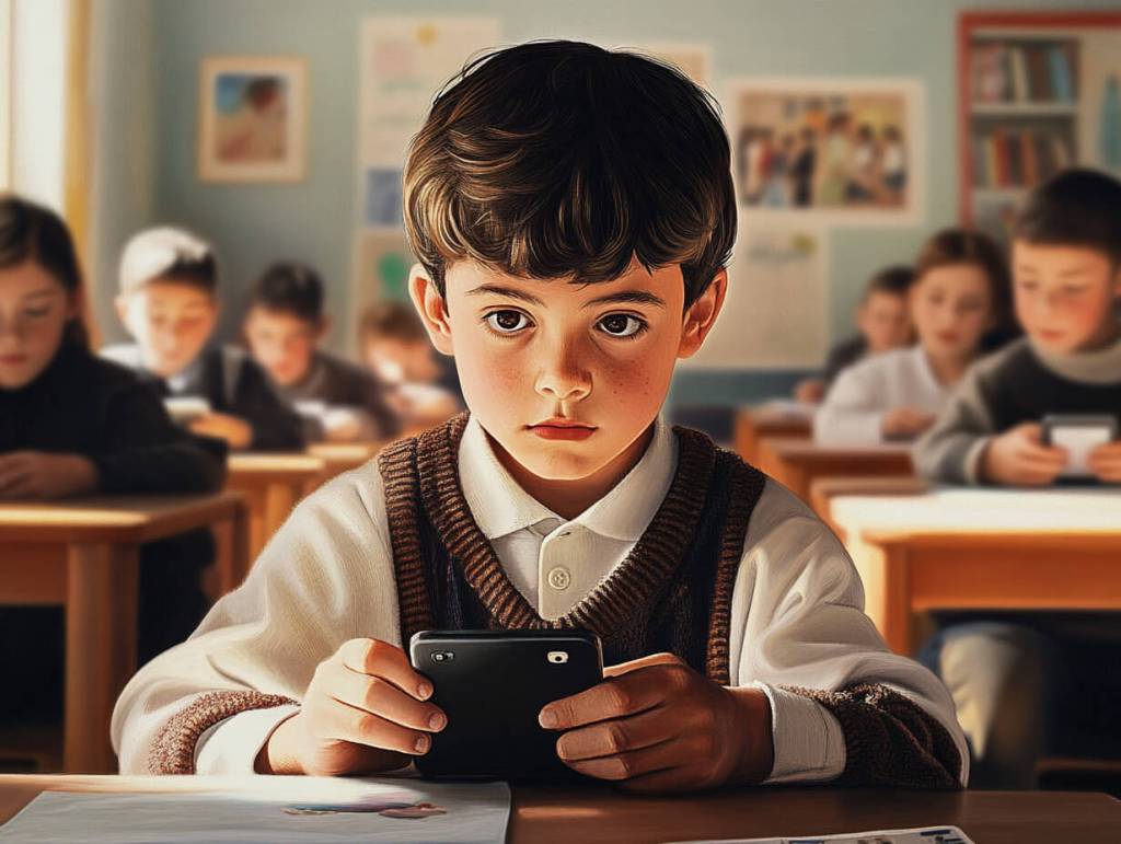 Un niño, con el móvil en clase