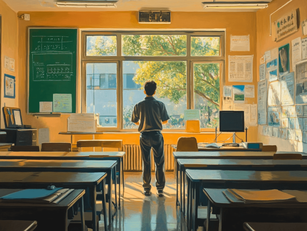 Un profesor, esperando al alumnado en clase