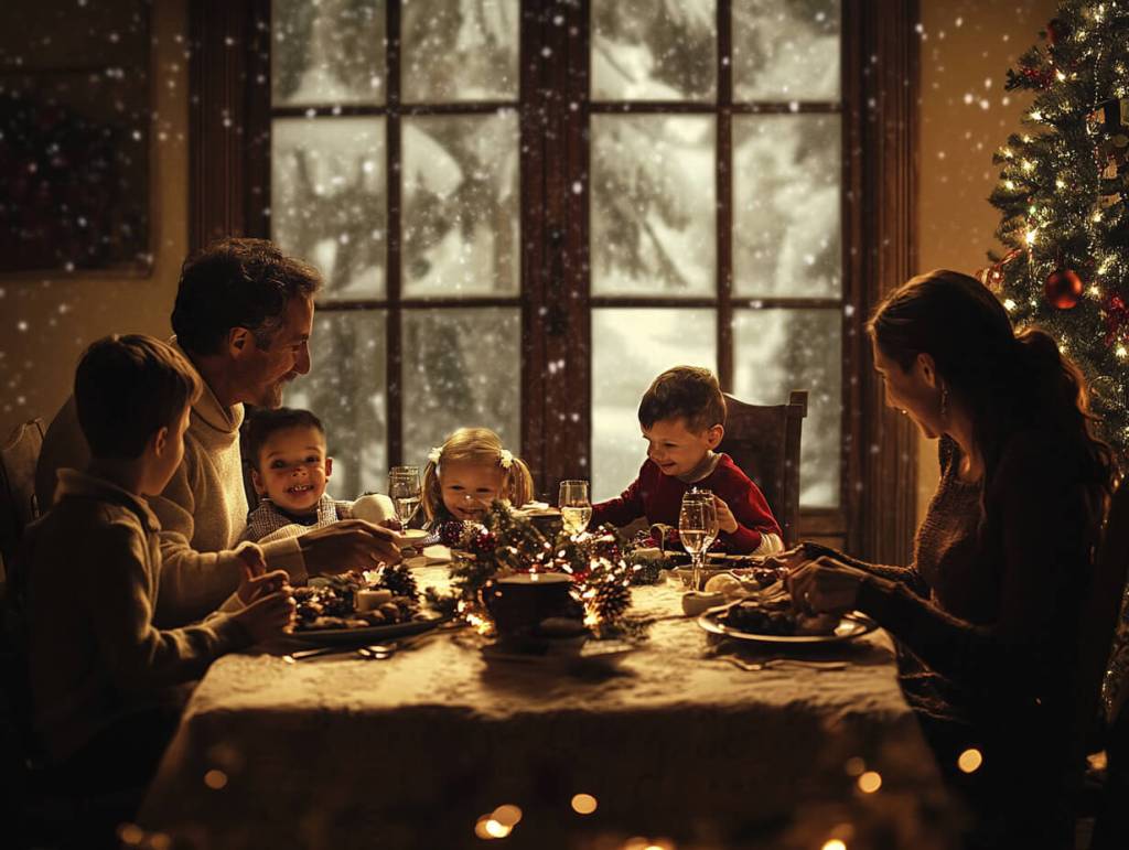 Una familia cenando en casa en Navidad