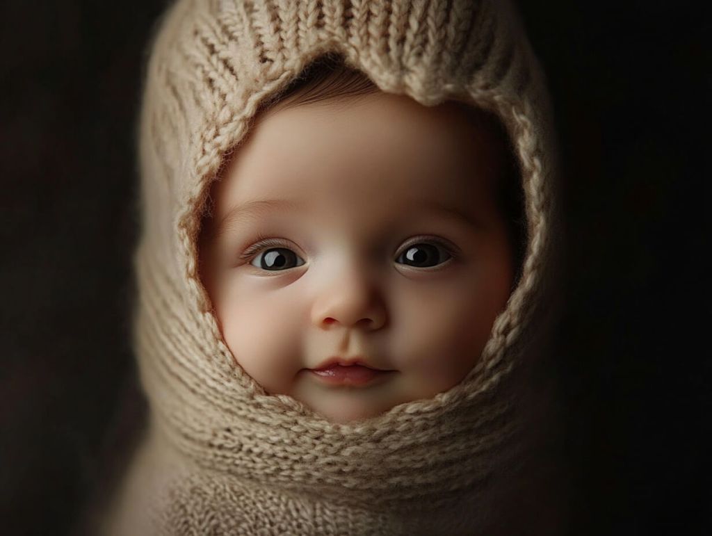 Retrato de un bebé protegido dle frío