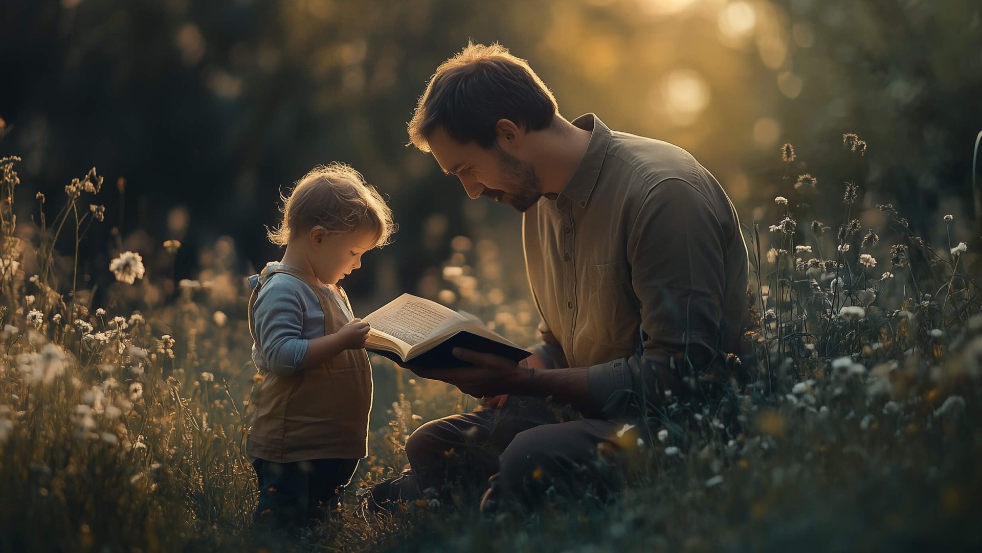 Un padre le enseña un libro a su peque al aire libre