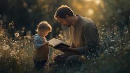 Un padre le enseña un libro a su peque al aire libre