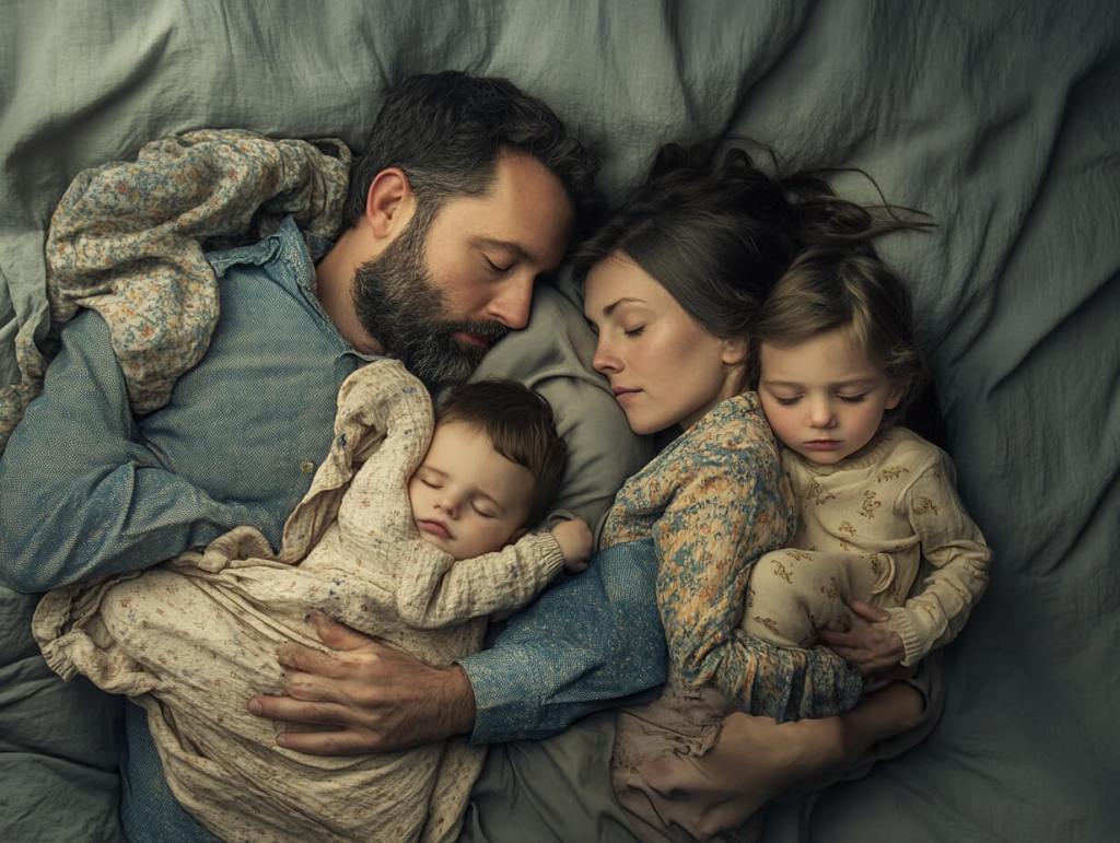 Una familia con niños durmiendo