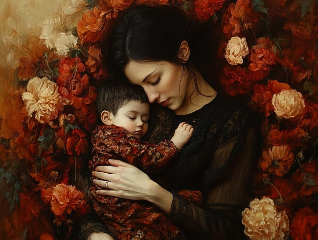 Una madre con su hijo rodeada de flores