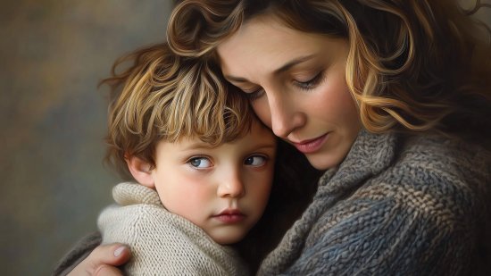 Un niño se deja abrazar por su madre