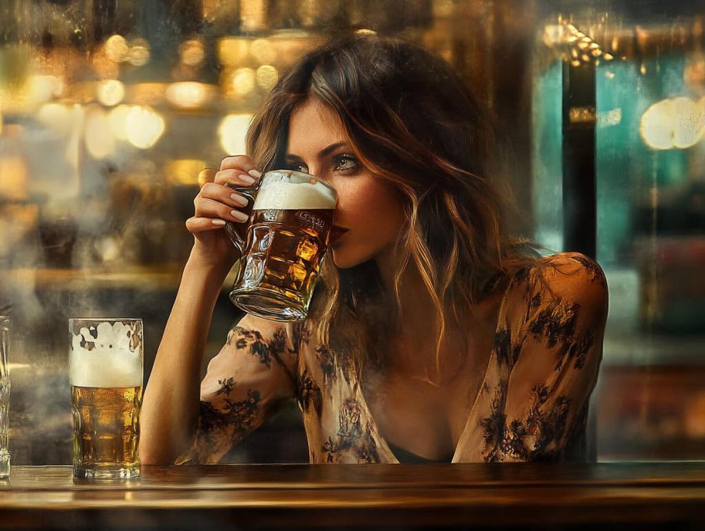 Una mujer bebe cerveza