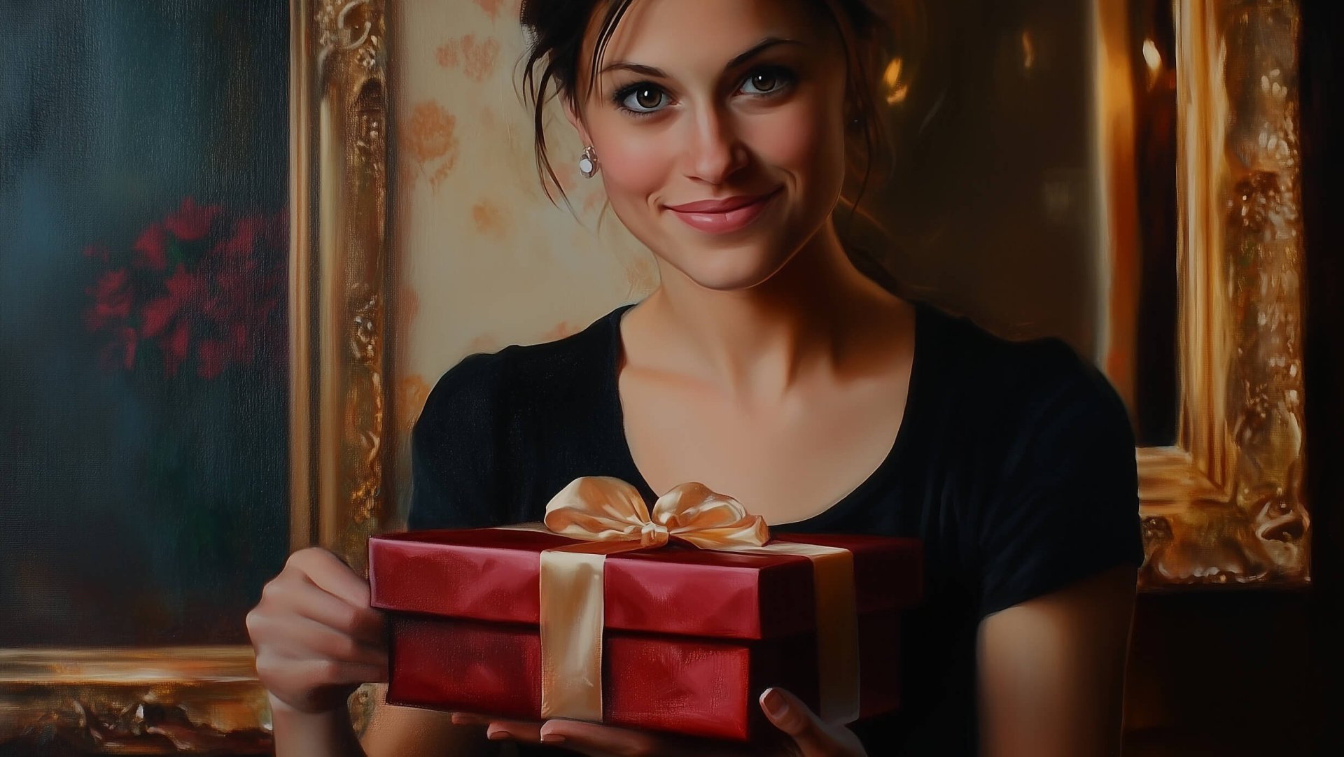 Una mujer, con su regalo de Navidad