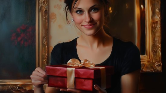 Una mujer, con su regalo de Navidad