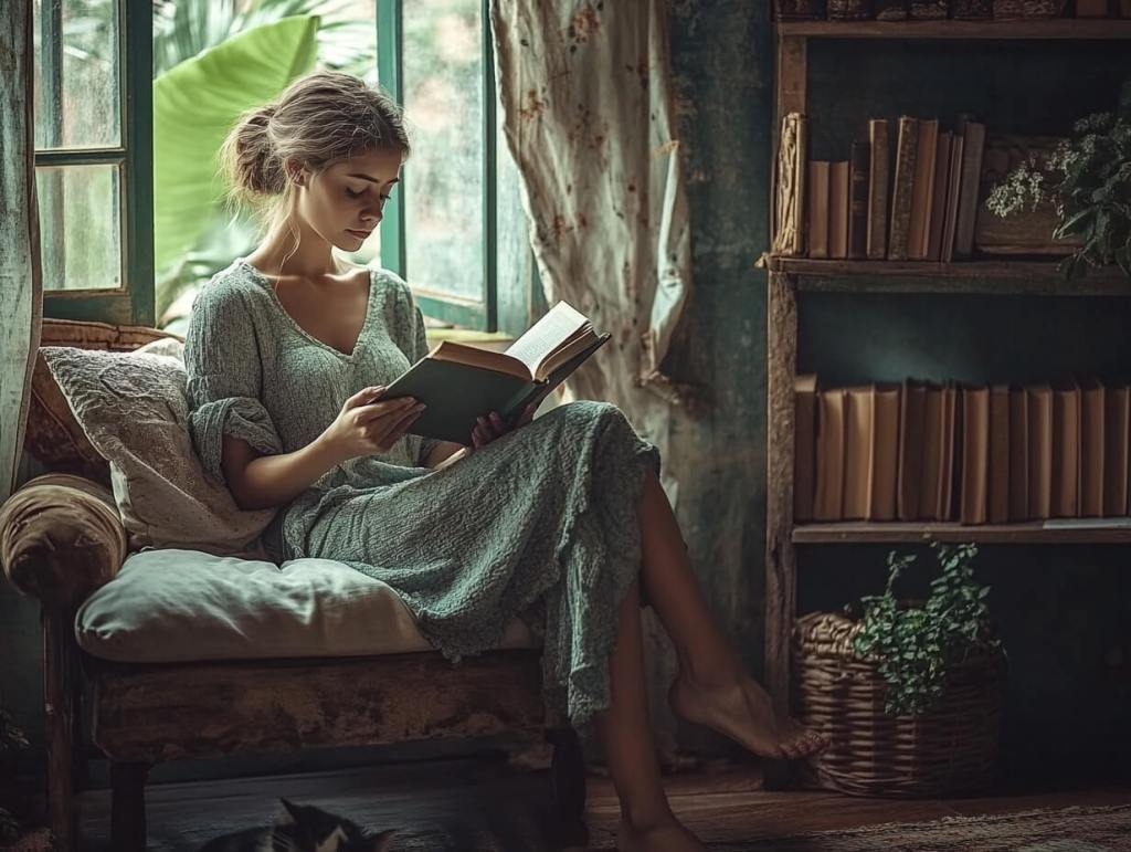 Una mujer relajada leyendo en casa