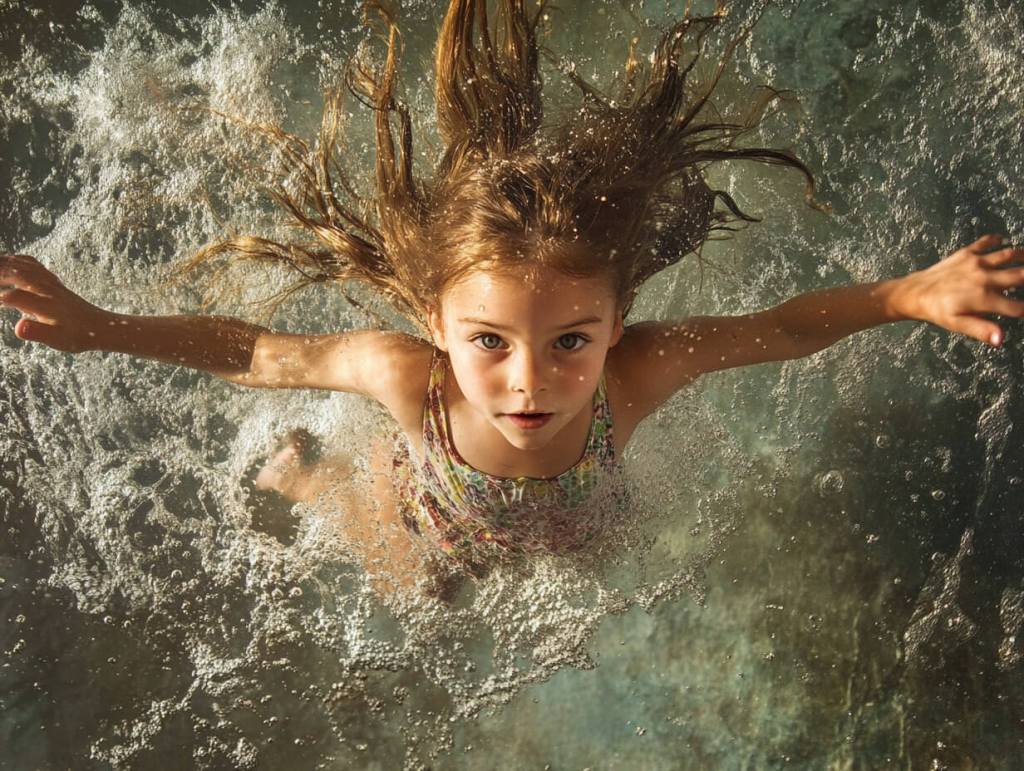Una niña juega dentro del agua