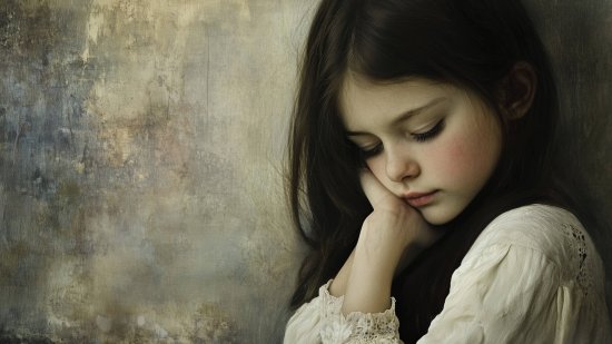Una niña asustada mira hacia el suelo