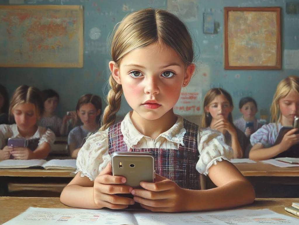 Una niña con el móvil en clase