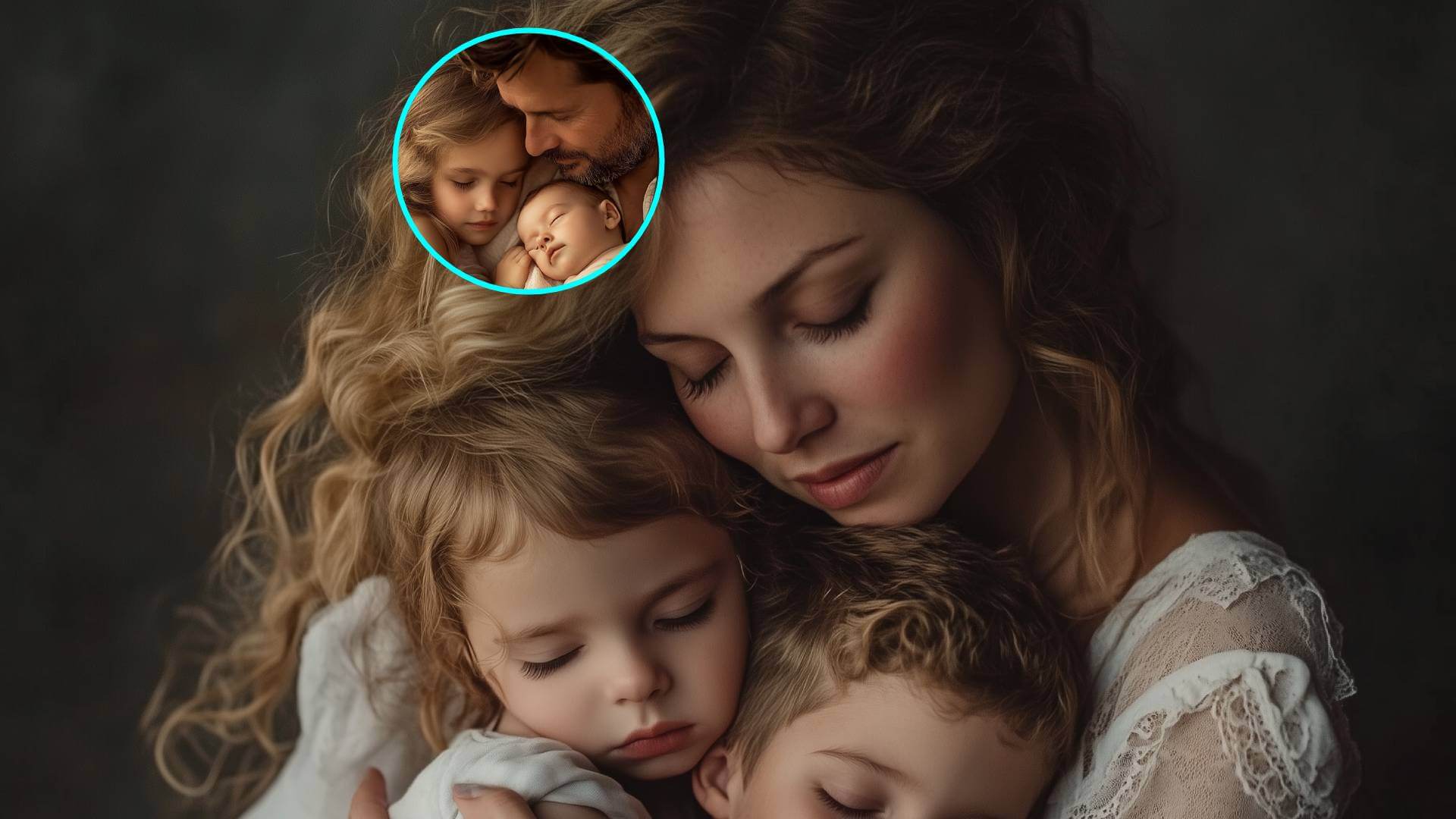 En grande, una madre abrazada a sus hijos. En pequeño, un padre hace lo propio con los suyos